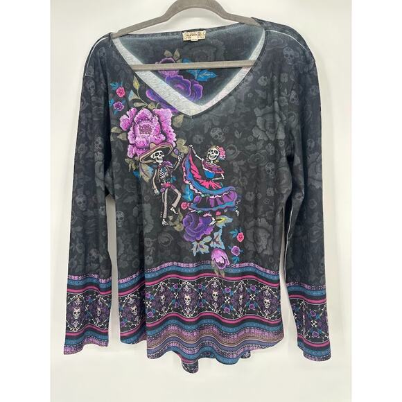One World Womens Top XL Dancing Dead Skeletons Skulls Mardi Gras Halloween Goth - Picture 1 of 9